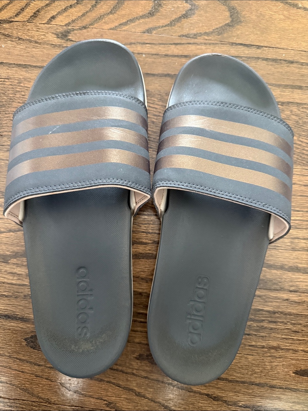 adidas Women’s Gray Slide Sandals with Rose Gold Stripes size 9
